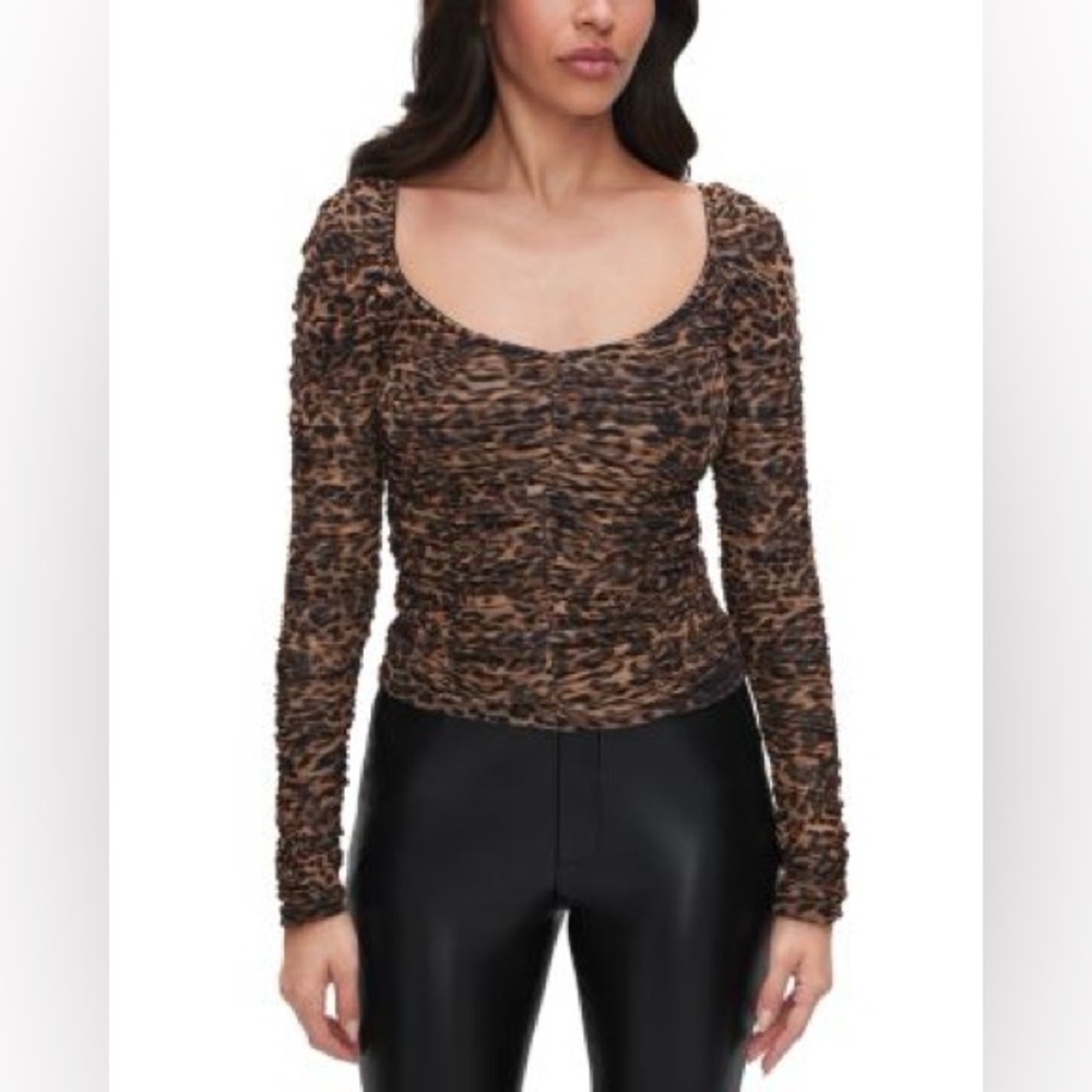 Good American Cheetah Mesh Ruched Long Sleeve Top size 4XL